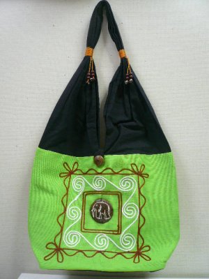 画像1: タイ製コットンバック　刺繍象（黄緑）