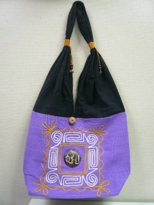 画像1: タイ製コットンバック　刺繍象（藤色）