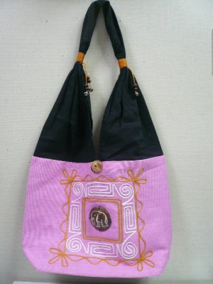 画像1: タイ製コットンバック　刺繍象（ピンク）
