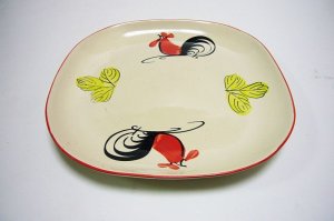 画像1: にわとり柄 平皿 角 22cm 