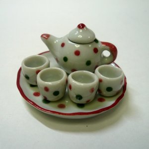 画像1: 陶器お茶セット(小）ドット柄