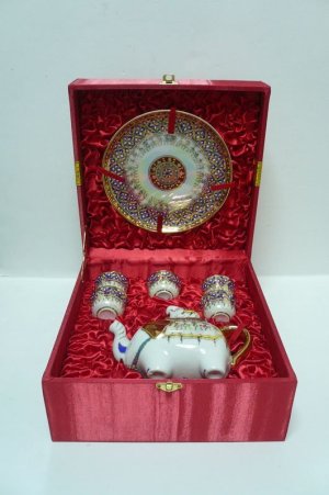 画像1: 象ポット 青色 小カップ5個  化粧ケース付