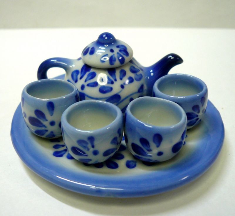 陶器お茶セット 青白柄 - タイ雑貨のチャイディー