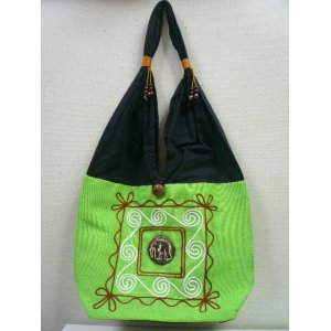 画像: タイ製コットンバック　刺繍象（黄緑）