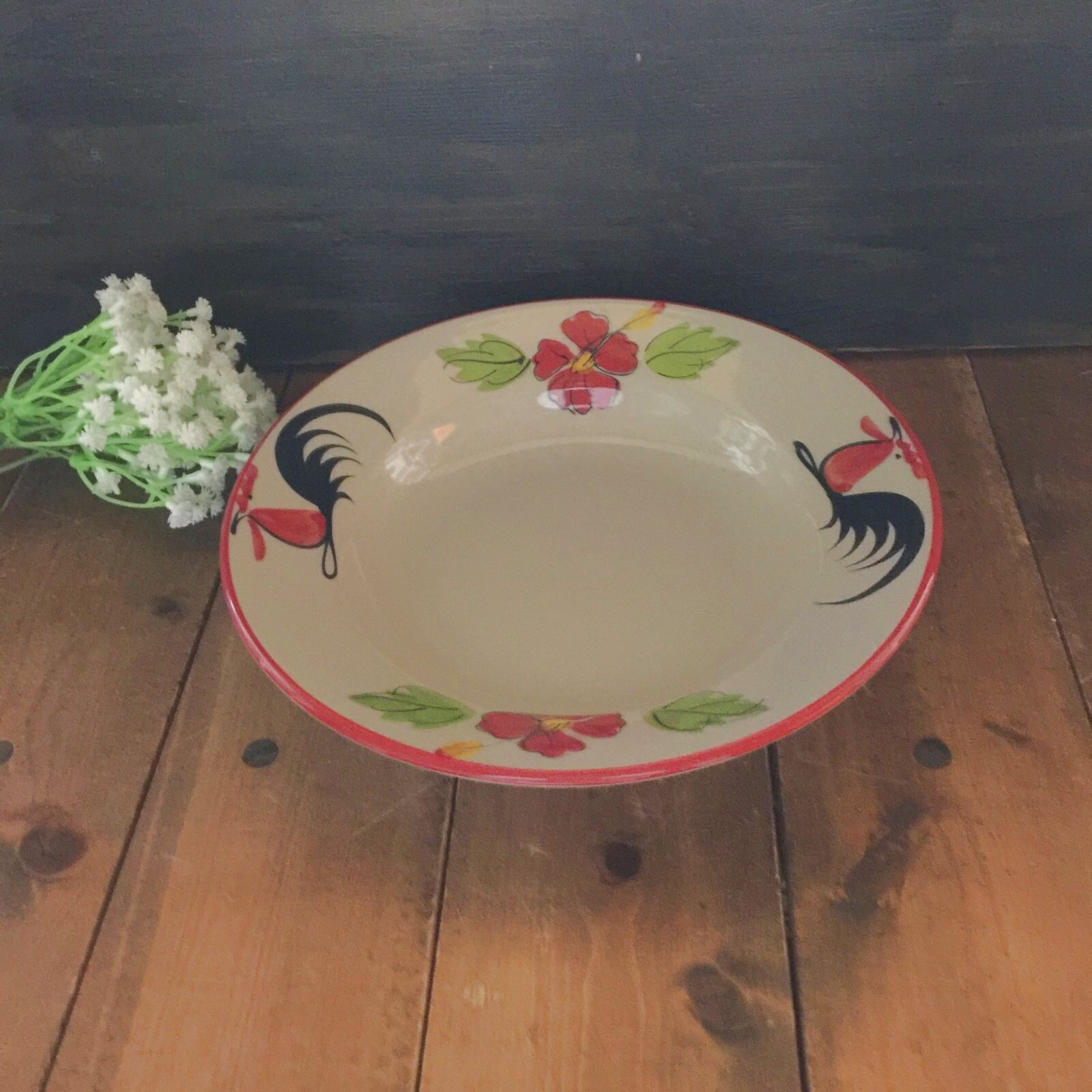 画像2: にわとり柄 深皿丸21cm暗め (ハイビスカス) 