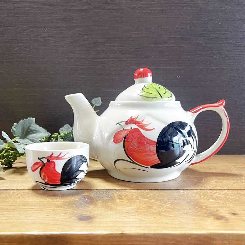 画像: にわとり柄 ポット（ピンク花）