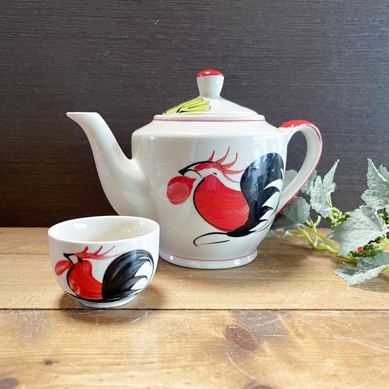 画像: にわとり柄 ポット B（ピンク花）