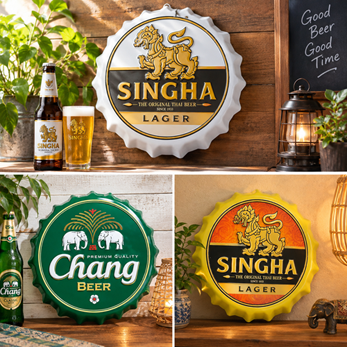 画像: 【SINGHAビール（白）】【ブリキ看板24cm】【ボトルキャップ型】アンティーク　レトロ